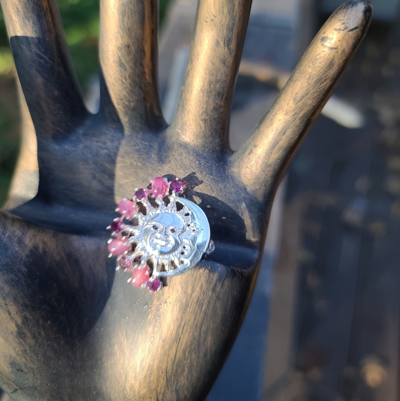 Pink star Ruby & Rhodolite sterling moon 🌙 & Sun ☀️ brooch - Picture 5 of 9